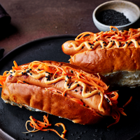 Hot dogs with pickled carrot and spicy mayo